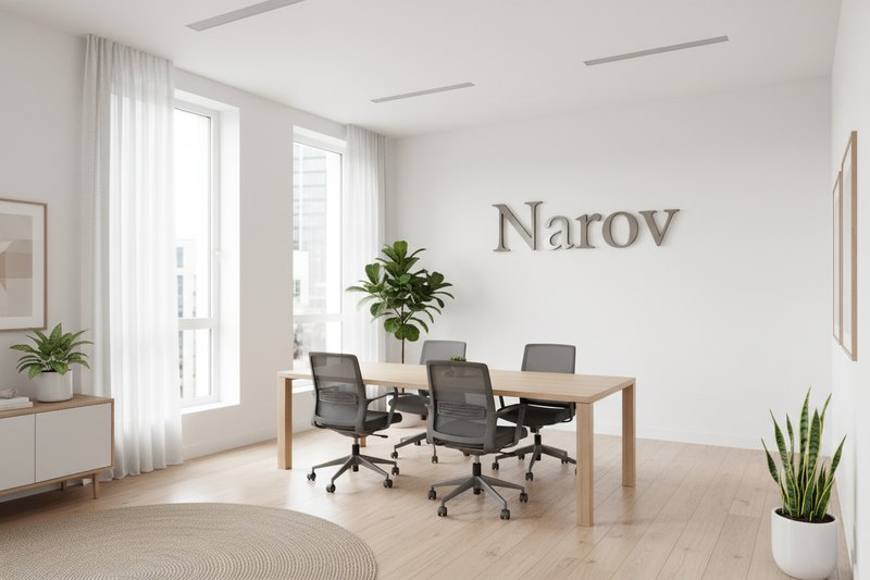 a picture of an office with Narov written on a white wall